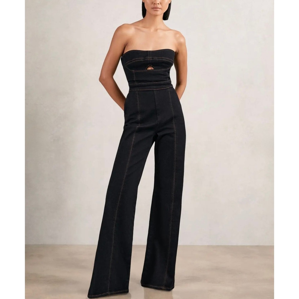 Reiss Strapless Jumpsuit Womens 6 Dark Wash Indigo Denim Wide Leg Cut Out Zip